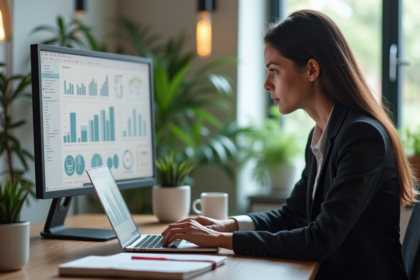 Jeune femme en bureau moderne analysant des données