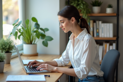 Jeune femme analysant des données sur son ordinateur dans un bureau lumineux