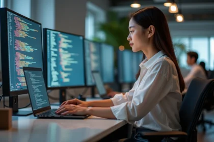 Jeune femme au bureau regardant son ordinateur portable