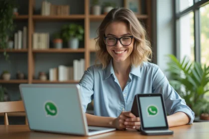 Femme au bureau utilisant plusieurs appareils connectes