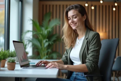 Femme souriante dans un espace coworking moderne