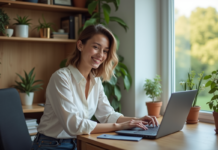 Jeune femme au bureau à domicile souriante et concentrée