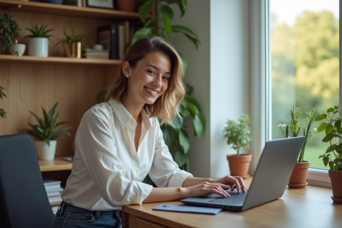 femme-bureau-home-office Jeune femme au bureau à domicile souriante et concentrée