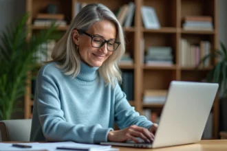 Femme d'âge moyen travaillant sur son ordinateur dans un bureau