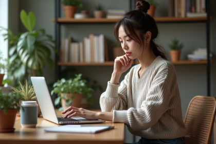 Jeune femme au bureau avec ordinateur portable et plantes