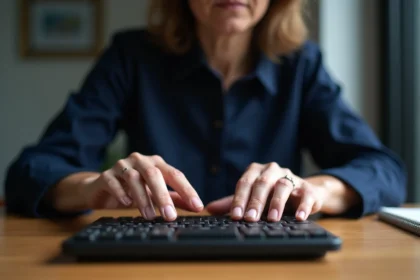 Femme d'âge moyen travaillant sur un clavier français dans un bureau cosy