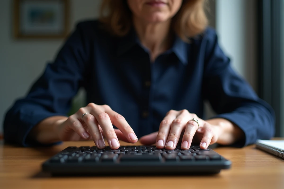 Femme d'âge moyen travaillant sur un clavier français dans un bureau cosy
