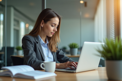 Jeune femme en bureau moderne travaillant sur un ordinateur