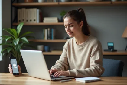 Jeune femme au bureau avec ordinateur portable beige