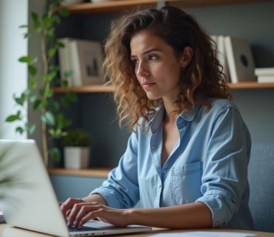Solutions OneDrive plein : comprendre et agir pour libérer de l’espace Femme au bureau à domicile regardant son ordinateur avec souci