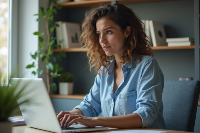 Femme au bureau à domicile regardant son ordinateur avec souci