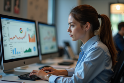 Femme au bureau examinant un ordinateur avec logo Google