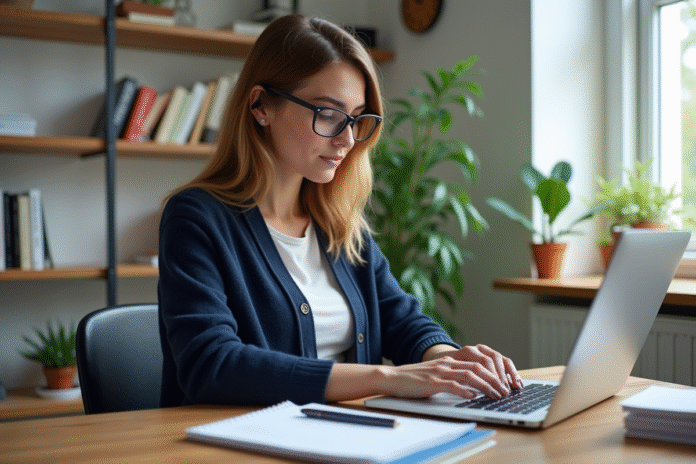 Femme en bureau lisant un fichier ODF sur son ordinateur