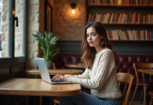 Rédiger un texte sur ordinateur : les meilleurs lieux pour écrire en France Jeune femme au café de Paris travaillant sur son ordinateur