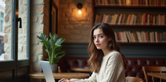 Rédiger un texte sur ordinateur : les meilleurs lieux pour écrire en France Jeune femme au café de Paris travaillant sur son ordinateur