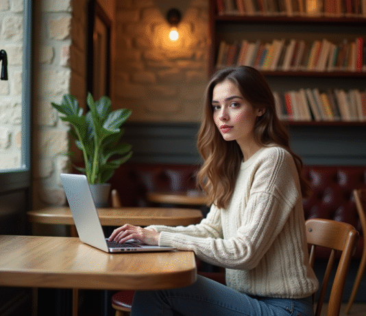 Rédiger un texte sur ordinateur : les meilleurs lieux pour écrire en France Jeune femme au café de Paris travaillant sur son ordinateur
