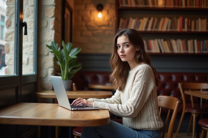 femme-cafe-paris-laptop Jeune femme au café de Paris travaillant sur son ordinateur