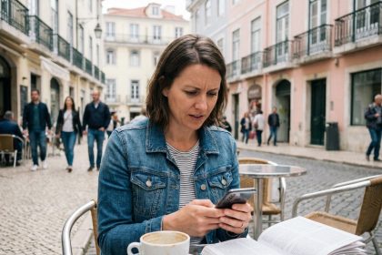 Femme concentrée sur son smartphone dans un café européen
