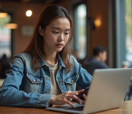 Jeune femme au café regardant son smartphone