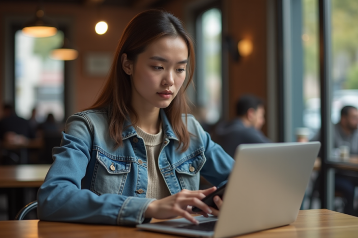 Jeune femme au café regardant son smartphone