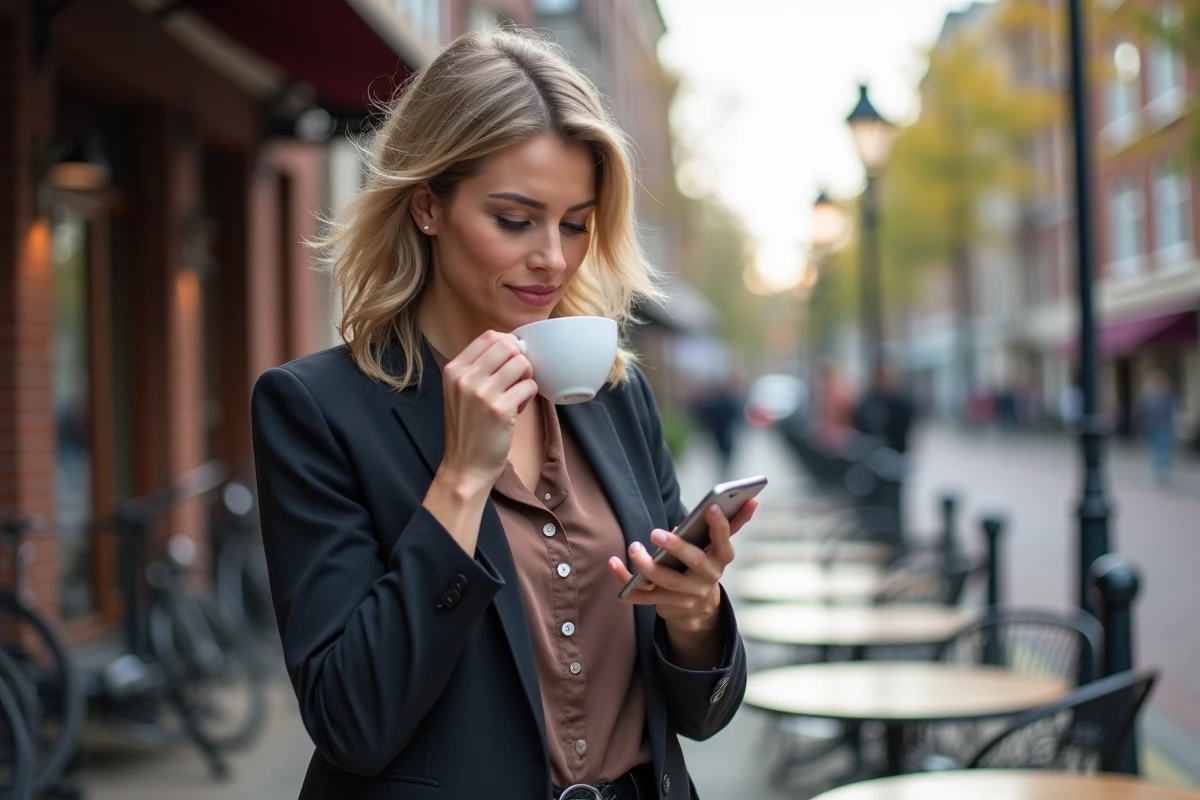 Femme au café utilisant un smartphone en ville