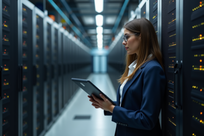 Femme réfléchie devant un centre de données moderne