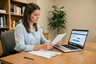 Femme consultant une check-list de première connexion à un webmail universitaire dans un bureau administratif