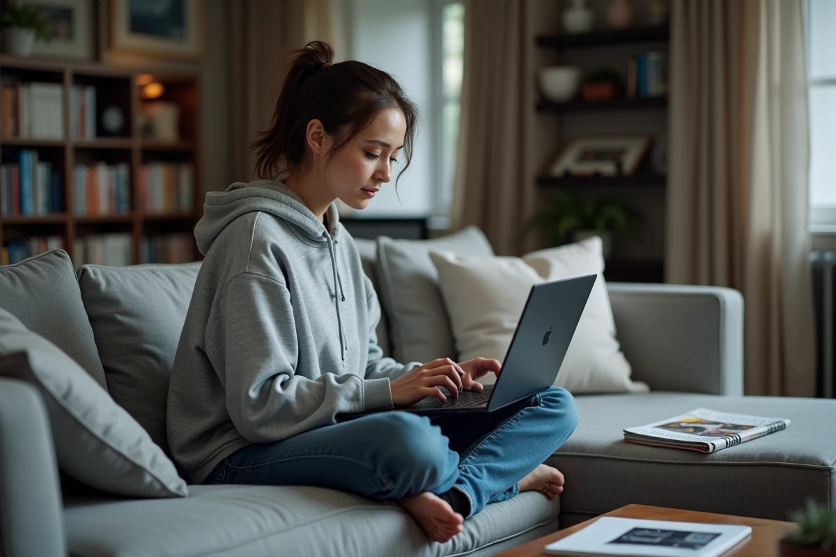 Femme comparant des guides d'achat PC sur son ordinateur portable depuis son canapé avec des magazines tech