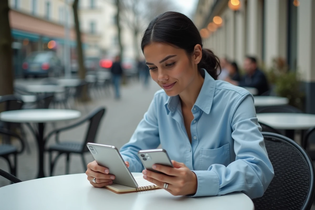 Femme comparant deux modèles d'iPhone sur une terrasse de café parisien
