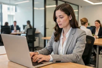 Femme professionnelle en train de composer un email avec attention aux destinataires Cc et Cci sur son ordinateur portable au bureau