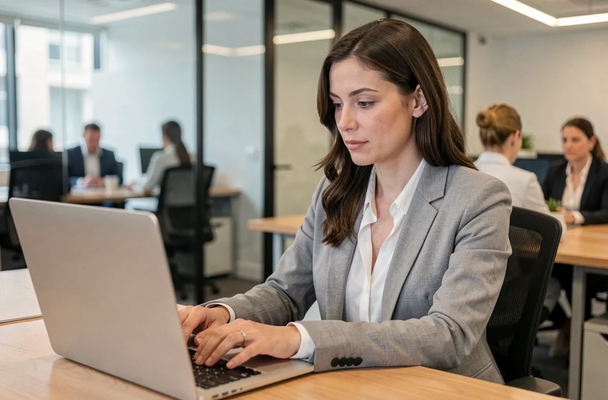 Femme professionnelle en train de composer un email avec attention aux destinataires Cc et Cci sur son ordinateur portable au bureau