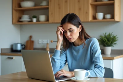 Femme concentrée devant son ordinateur dans la cuisine