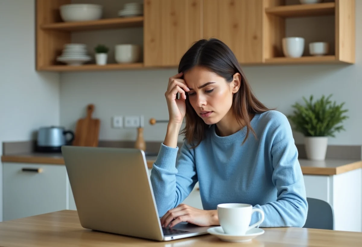 Femme concentrée devant son ordinateur dans la cuisine