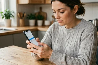 Femme configurant sa messagerie webmail ia37 sur smartphone Android depuis sa cuisine