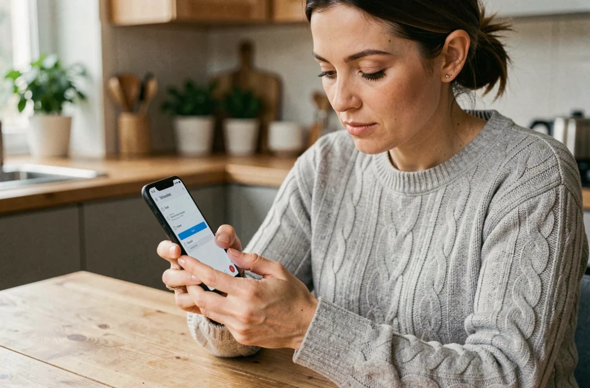 Femme configurant sa messagerie webmail ia37 sur smartphone Android depuis sa cuisine