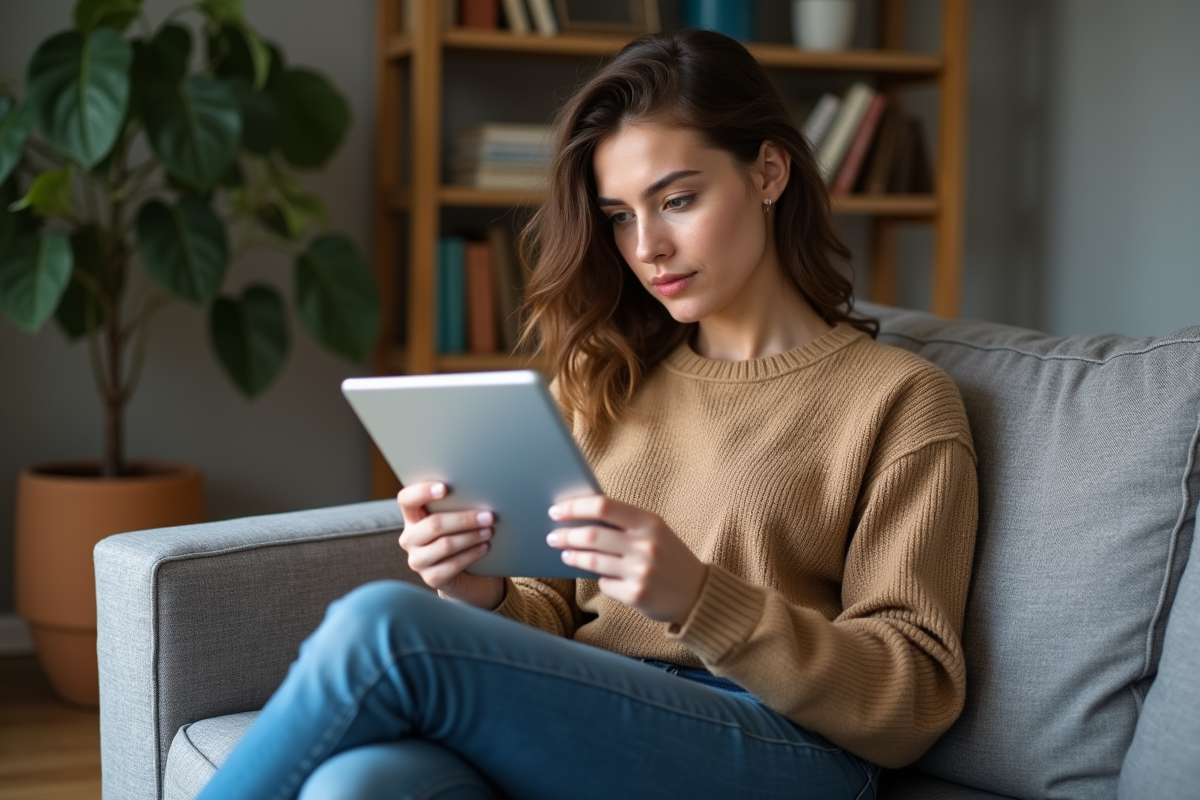 Femme assise sur un canapé avec une tablette dans un intérieur cosy