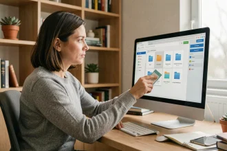Femme utilisant un logiciel de conversion de fichiers sur un ordinateur de bureau dans un bureau à domicile moderne
