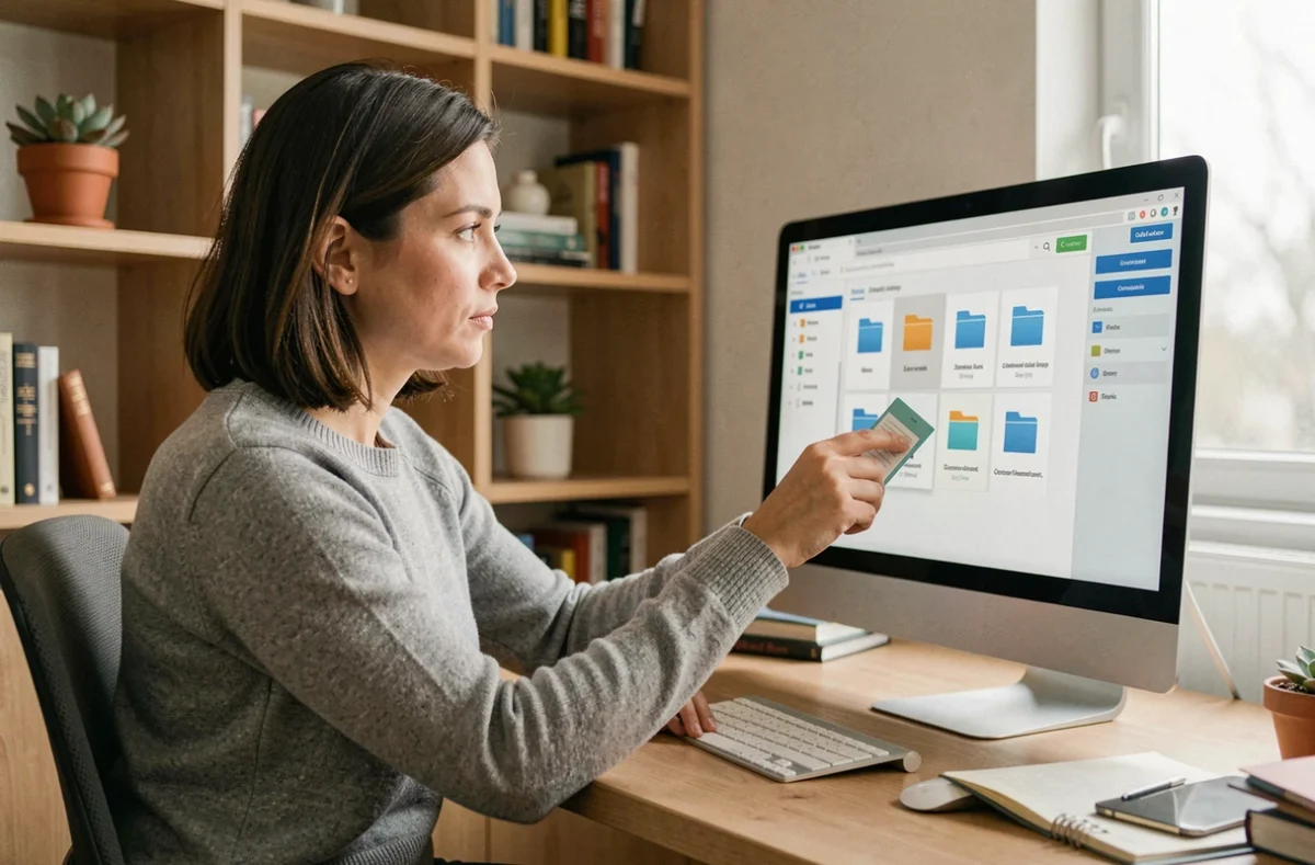 Femme utilisant un logiciel de conversion de fichiers sur un ordinateur de bureau dans un bureau à domicile moderne