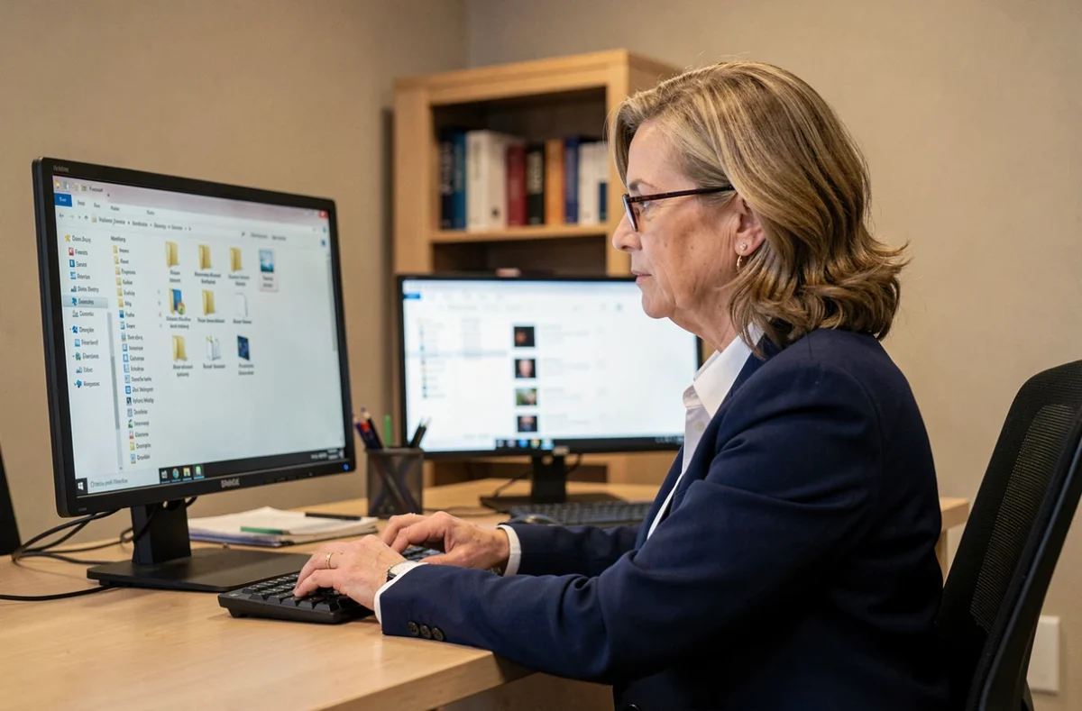 Femme accédant au dossier de profil Firefox sur un ordinateur de bureau pour récupérer et sauvegarder ses marque-pages