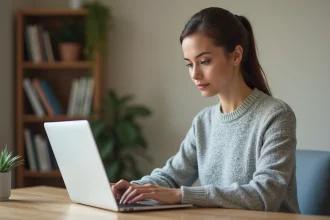 Jeune femme gérant son espace client RED by SFR sur un ordinateur portable depuis son bureau à domicile