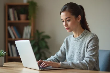 Jeune femme gérant son espace client RED by SFR sur un ordinateur portable depuis son bureau à domicile