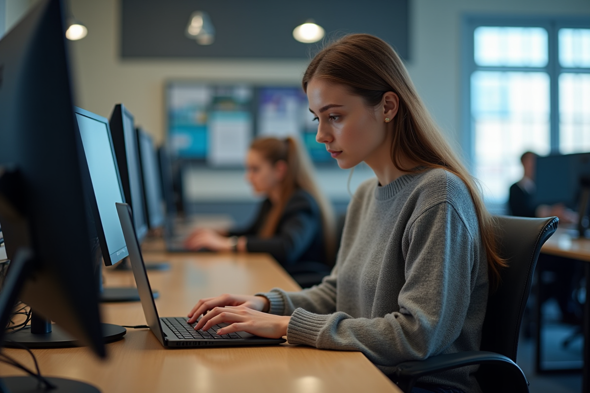 Jeune femme en laboratoire informatique à l