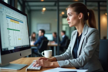 Femme travaillant sur Excel avec plusieurs onglets de feuilles visibles sur un écran d'ordinateur en open space