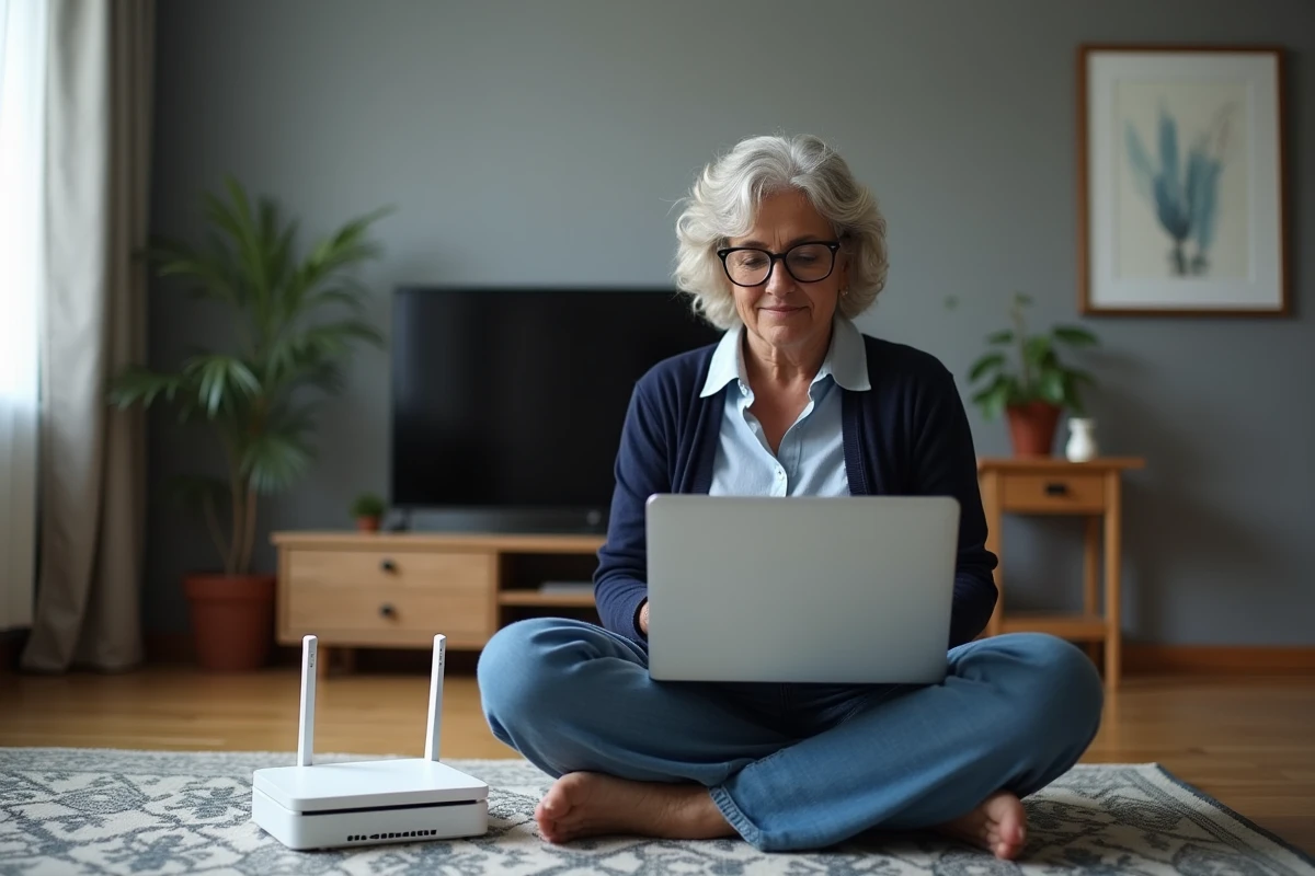 Femme consultant un guide de dépannage sur ordinateur portable pour résoudre un problème de box Orange