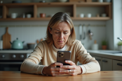 Femme inquiète utilisant son smartphone dans la cuisine