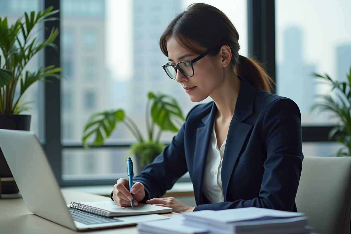 Jeune femme en blazer analysant des métriques marketing au bureau