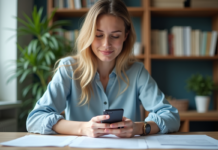 Utiliser l’OCR : Adobe Scan pour Android – Conseils pratiques Jeune femme avec smartphone et document sur bureau