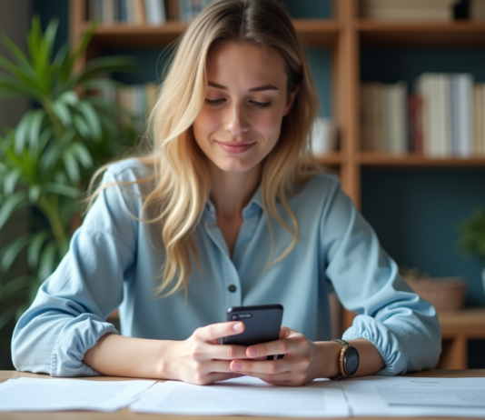Jeune femme avec smartphone et document sur bureau