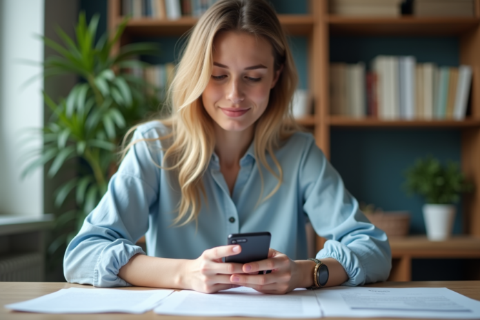 Jeune femme avec smartphone et document sur bureau