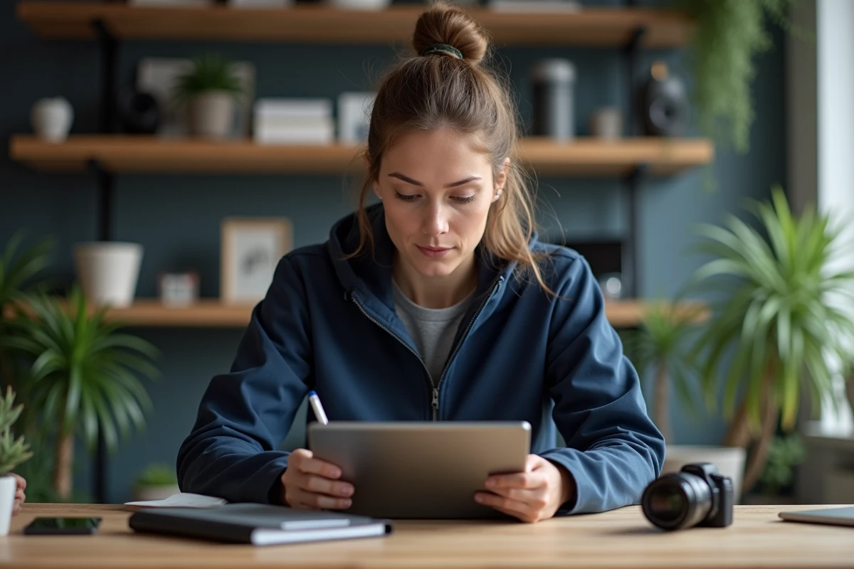 Femme analysant des images de drone sur une tablette
